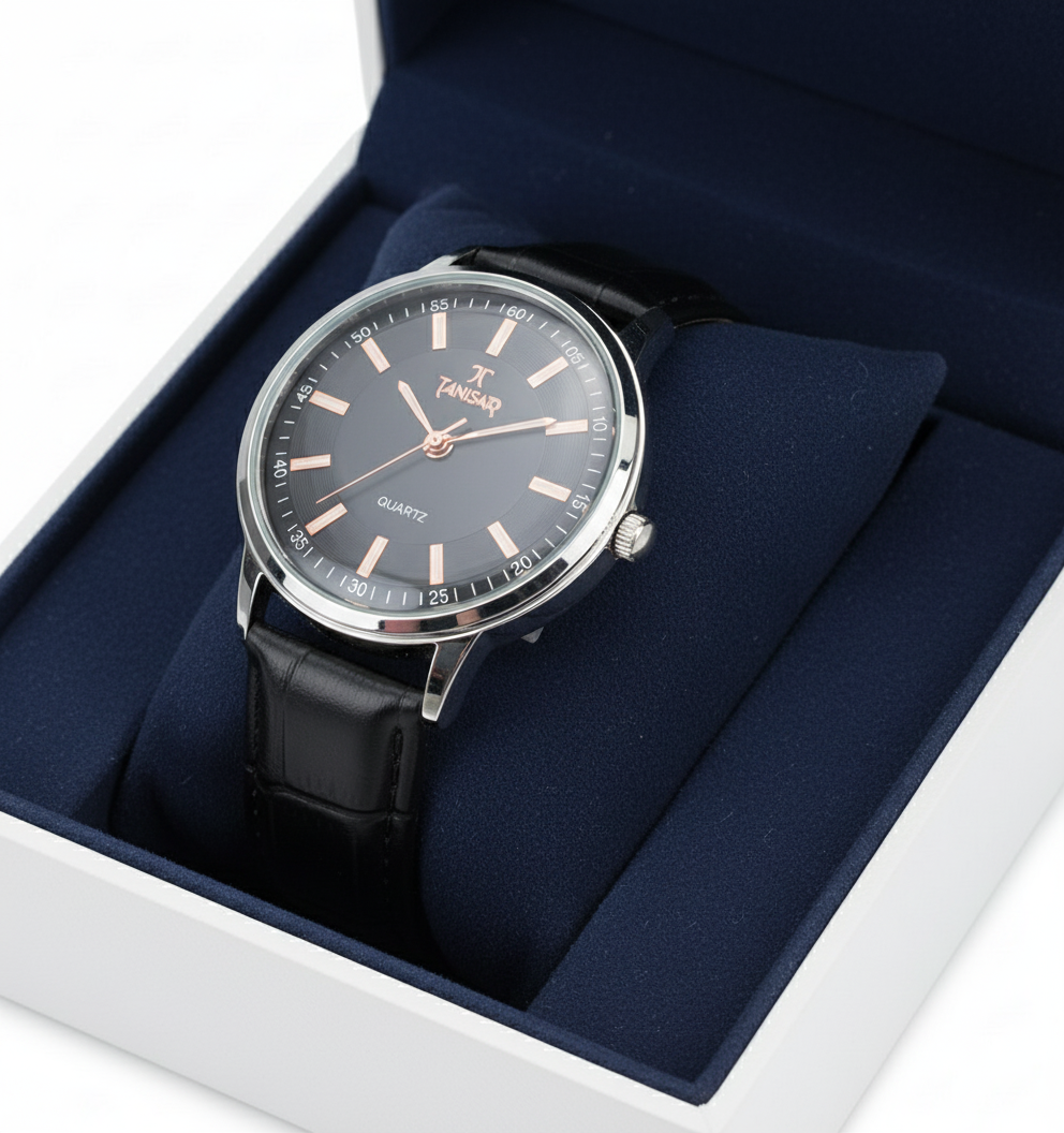 Tanishq-Elegant Quartz Watch with Black Leather Strap