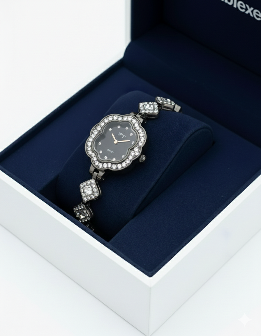 FT-Elegant Black Bracelet Watch with Crystal Accents