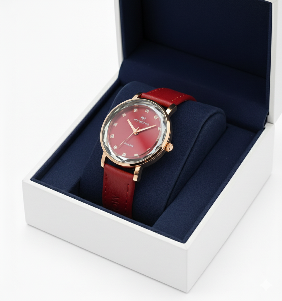 MoonStone-Elegant Red Leather Watch