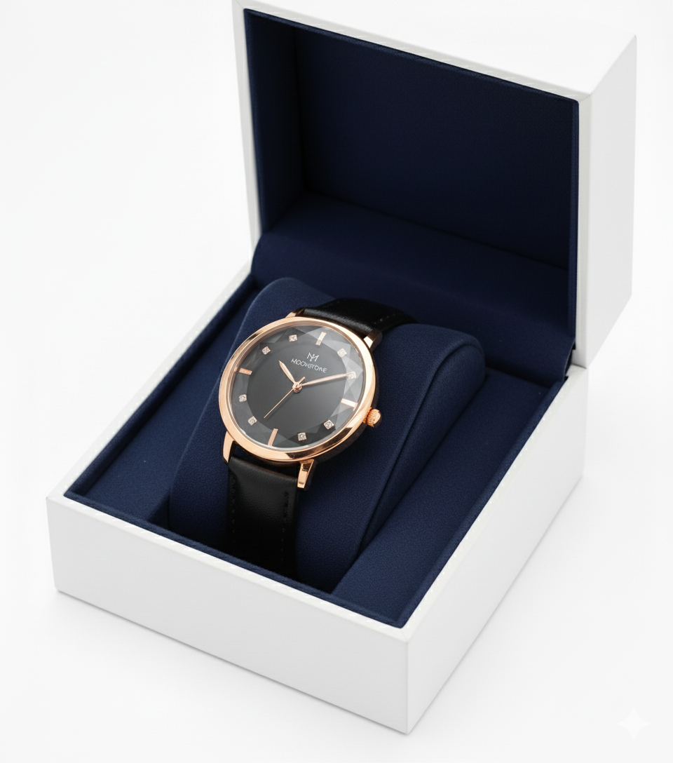 MoonStone-Elegant Black Leather Watch