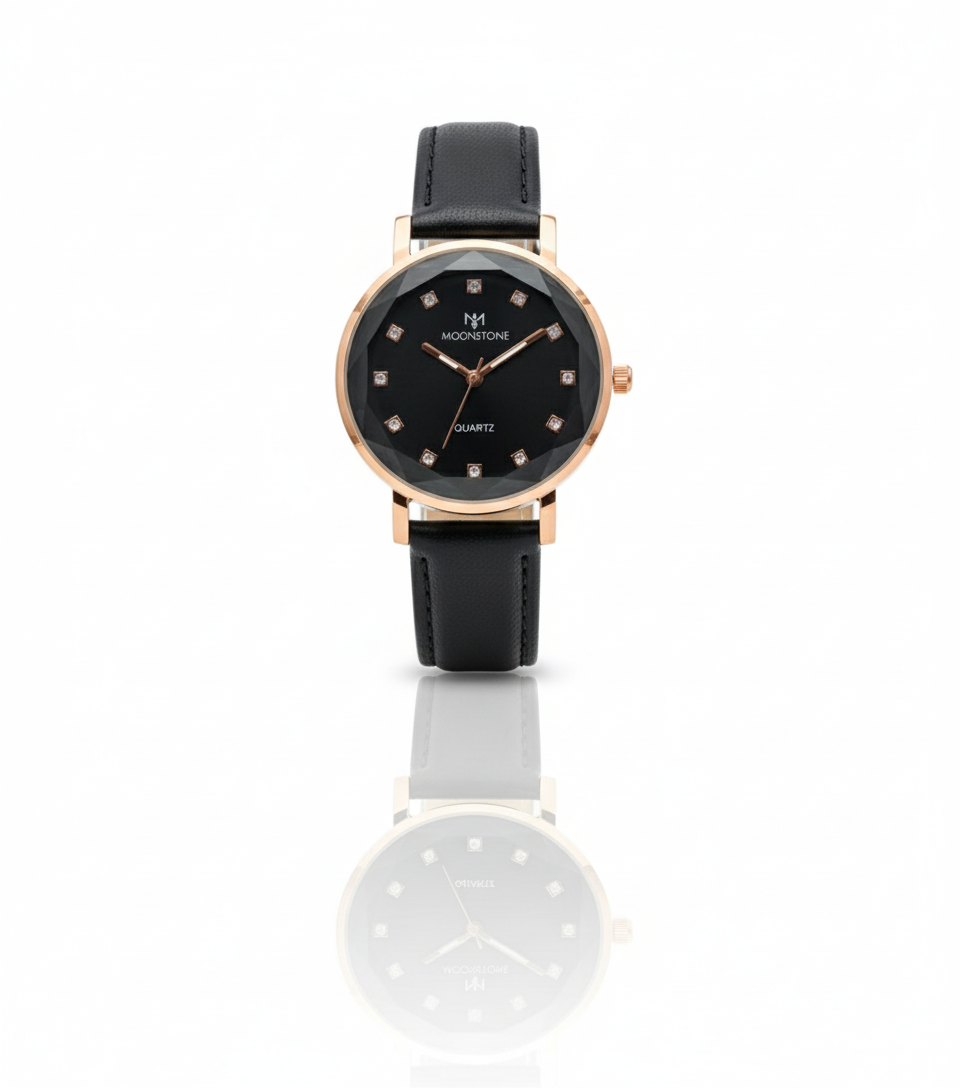 MoonStone-Elegant Black Leather Watch