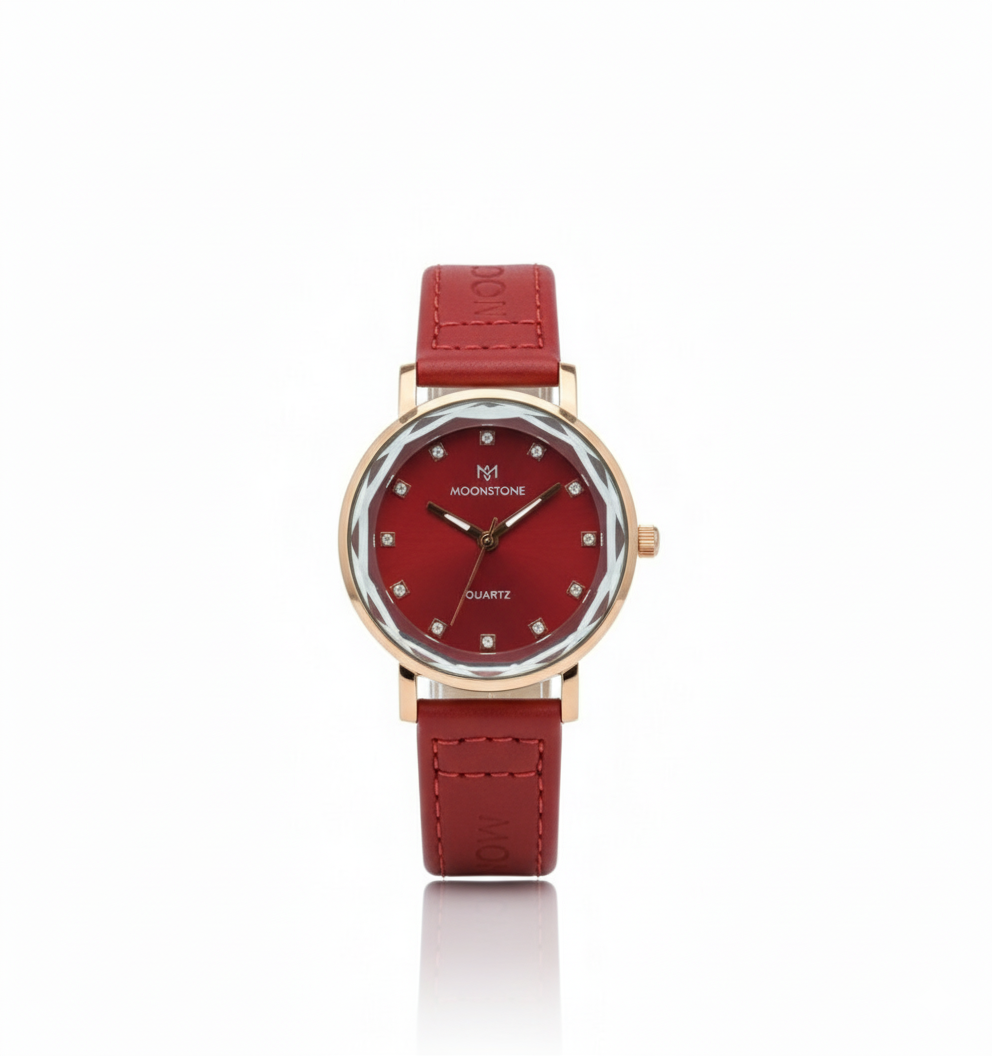 MoonStone-Elegant Red Leather Watch
