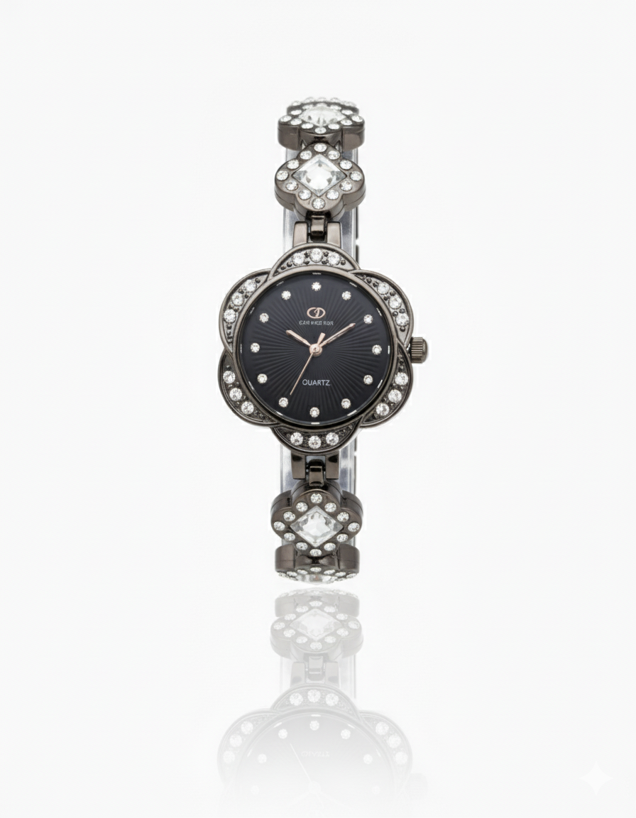 FT-Elegant Black Bracelet Watch with Crystal Accents