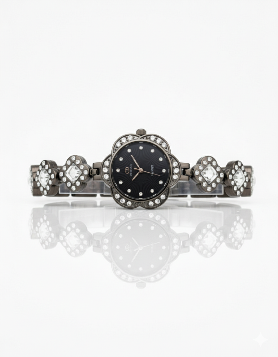 FT-Elegant Black Bracelet Watch with Crystal Accents