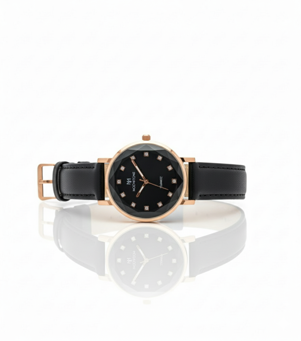 MoonStone-Elegant Black Leather Watch