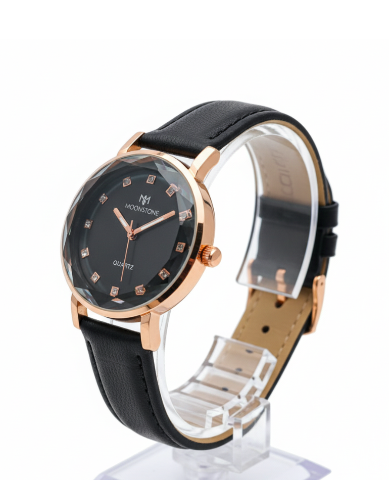 MoonStone-Elegant Black Leather Watch