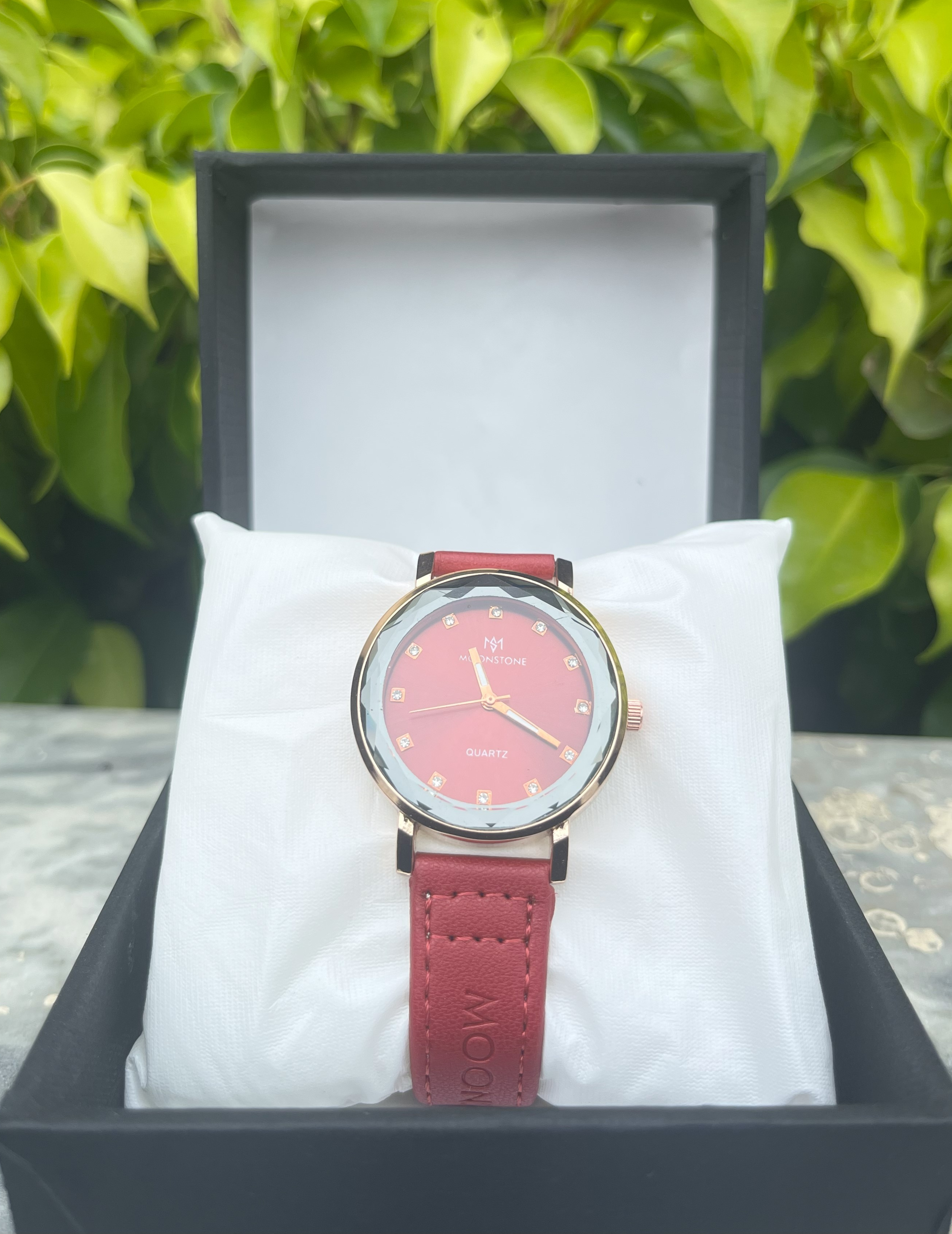 MoonStone-Elegant Red Leather Watch